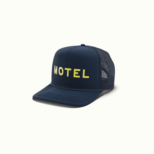 Navy MOTEL Trucker Hat by Nomada Deco